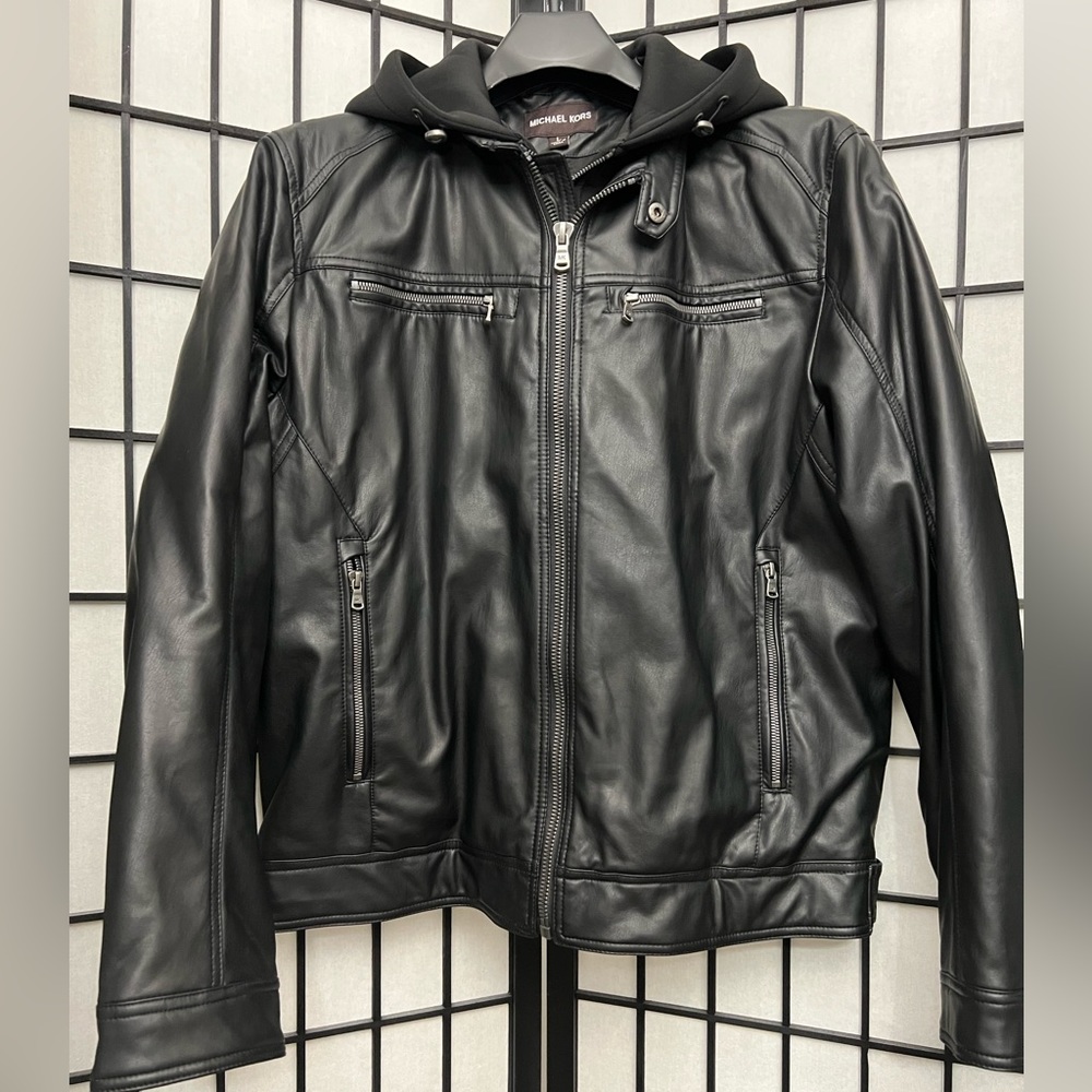 Michael Kors Hooded Faux Leather Jacket. Size: L. Preloved.